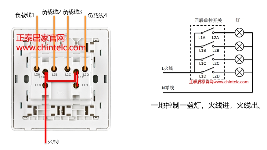 單控開關接線圖-四聯(lián)單控開關