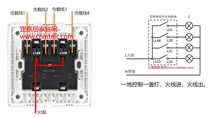 單控開關接線圖-四聯(lián)單控開關（免跳線）